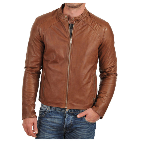 A man wearing a brown leather biker jacket with a mandarin collar, zipper details, and two outside pockets.
