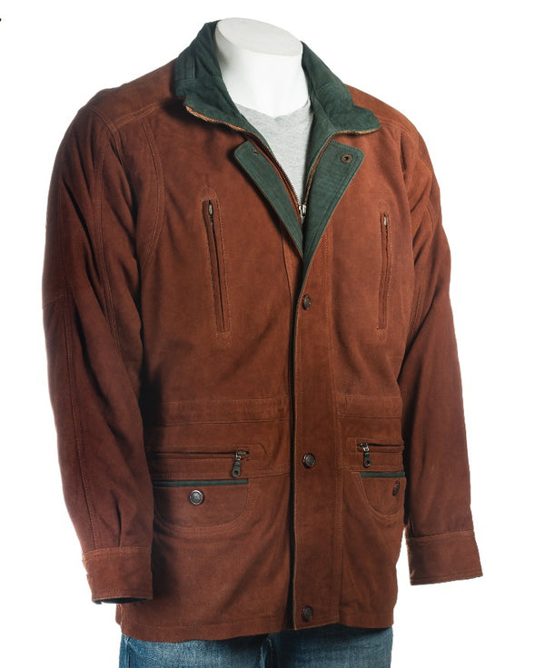 Men’s Tan Nubuck Leather Coat with Zipped Pockets