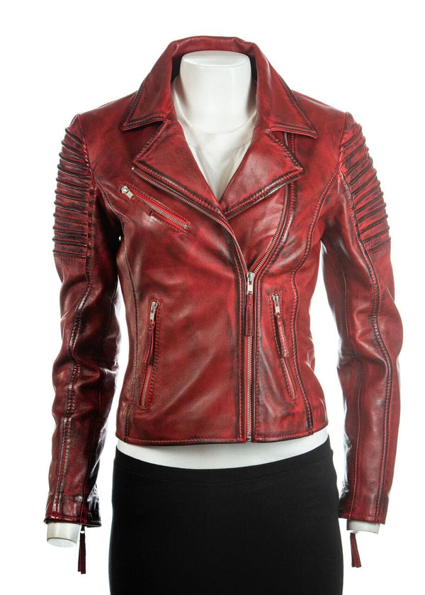 Women's Real sheepskin waxy leather jacket with sleeves laces details