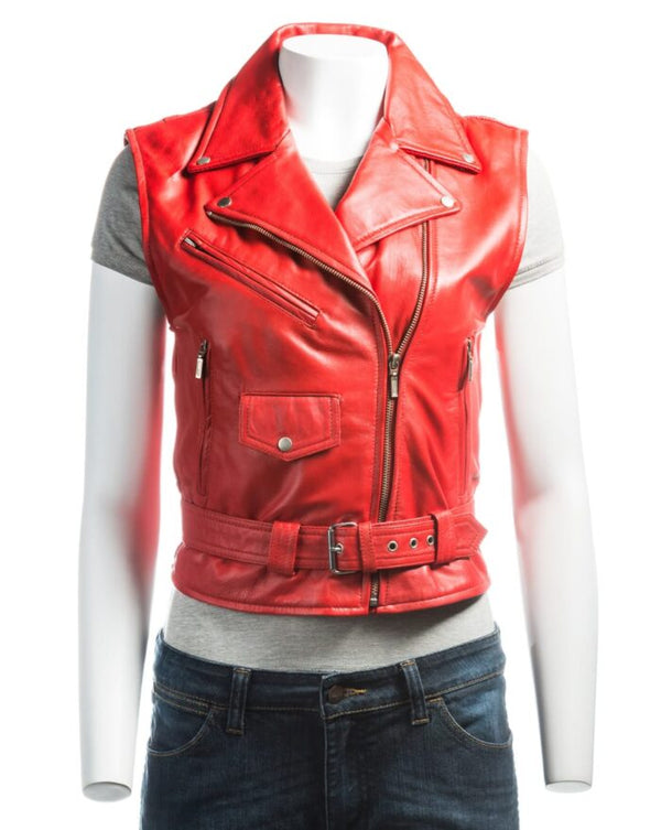 Women's Red Sheepskin Leather Jacket with Quilted Lining and Waist Belt