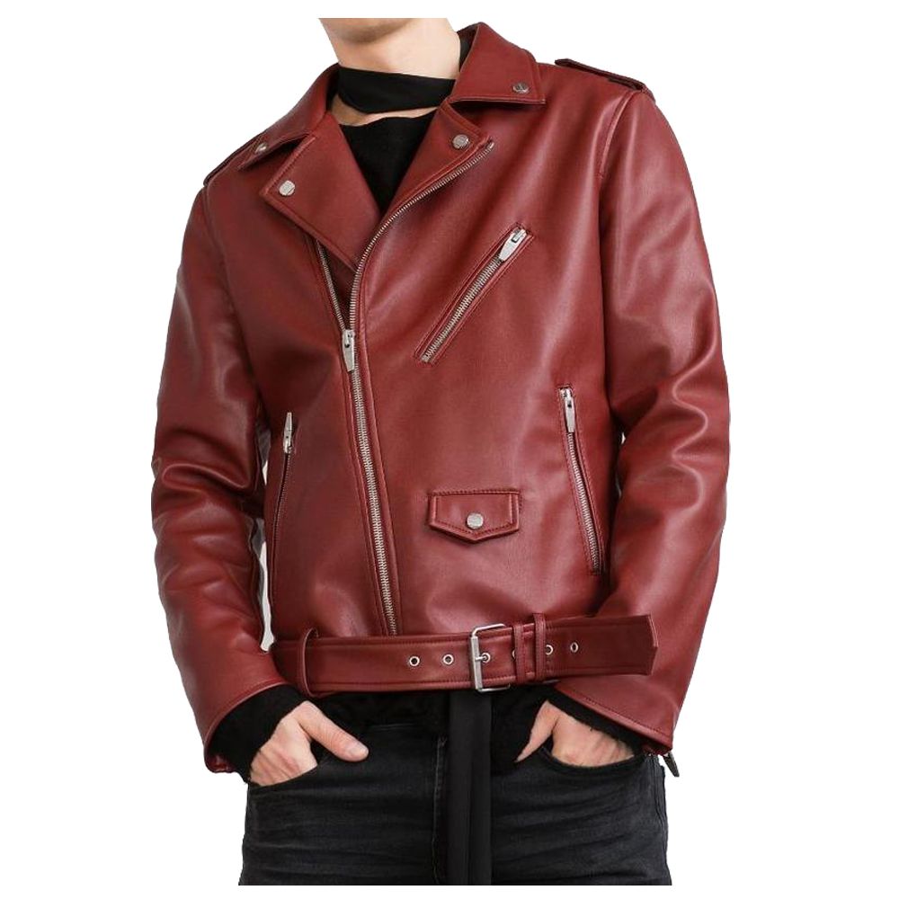 A man wearing a glossy red leather motorcycle jacket with a slim fit design, featuring multiple zippers and pockets, and a belted waist.