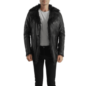 mens Fur cliff black leather coat Open Front